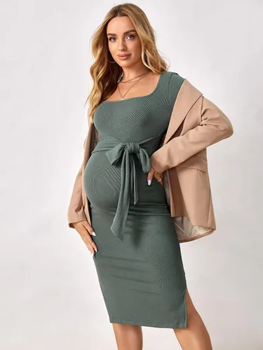 Miniatura 3 de OYOANGLE Vestido midi ajustado de manga larga con nudo frontal y cuello cuadrado para mujer