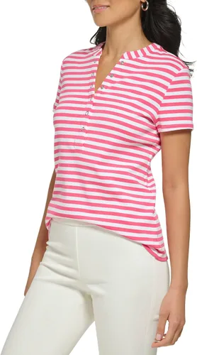 Miniatura 2 de Calvin Klein Women's Comfortable Snap Detail Crew Neck Striped Short Sleeve