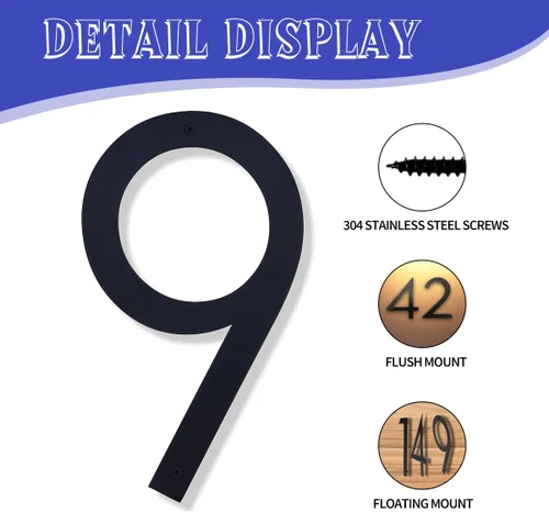 Miniatura 42 de Números de casa negros de metal moderno de 12 pulgadas para exterior, dirección flotante número 7 con kit de clavos para puerta