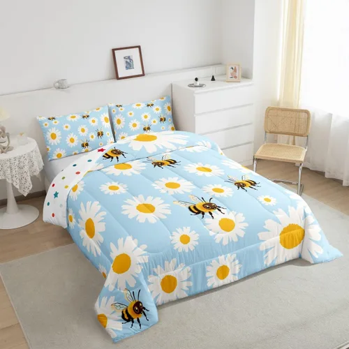 Miniatura 4 de Erosebridal Juego de edredón de abeja de dibujos animados, tamaño individual, juego de ropa de cama floral de margarita blanca lisa para niños