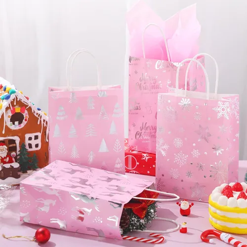 Miniatura 3 de Pasimy 24 bolsas de regalo de Navidad rosadas con papel de seda, bolsa de papel de dulces de Navidad rosa con lámina metálica plateada de copo