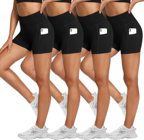NexiEpoch Paquete de 4 pantalones cortos de motociclista para mujer con bolsillos, cintura alta, pantalones cortos de elastano suaves para