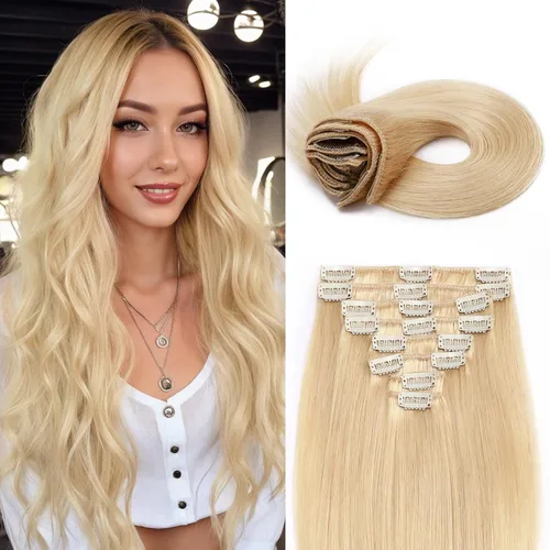 Miniatura 20 de Extensiones de cabello humano 100% remy de 10 a 24 pulgadas, con clips, calidad grado 7A, cabeza completa, 8 piezas, 18 clips; largo, suave, sedoso