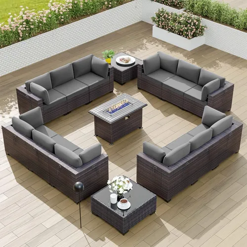 Miniatura 38 de Kullavik Juego de 13 muebles de patio al aire libre con mesa de fogata de gas propano de 43 pulgadas, 55000 BTU, mimbre de polietileno, sofá Arena