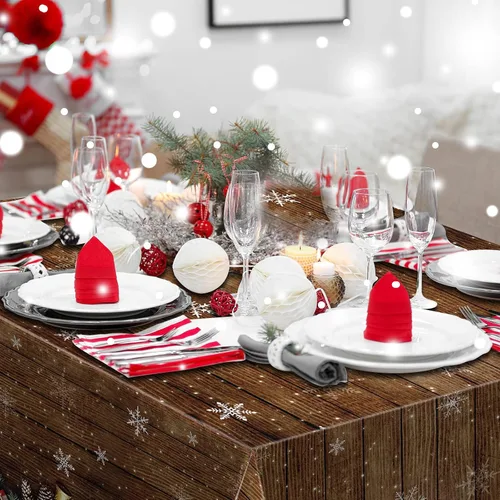Miniatura 6 de Paquete de 3 manteles navideños con veta de madera marrón, cubremesas de plástico de madera con brillantina dorada de copos de nieve navideños