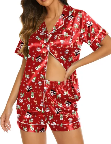 Miniatura 25 de Ekouaer Pijamas de seda para mujer, ropa de dormir de manga corta, suave, con botones, ropa de descanso, 2 piezas, pijama de satén, conjunto