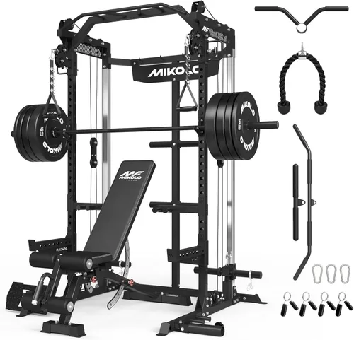 Miniatura 13 de Mikolo - Jaula de fuerza, estante de potencia de 2000LB con sistema de polea doble independiente, máquina de entrenamiento multifunción