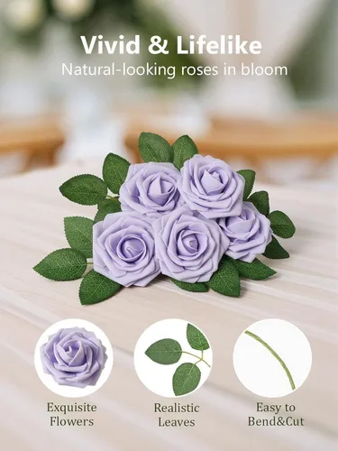 Miniatura 428 de N&T NIETING Flores artificiales, rosas artificiales de color rosa intenso, 50 piezas de flores falsas con tallo para ramos de boda DIY, centros