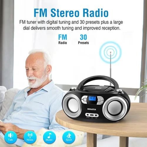 Miniatura 7 de MEGATEK Boombox reproductor de CD portátil con radio FM, Bluetooth y puerto USB, sonido estéreo claro, compatible con CD-R/RW y MP3, entrada