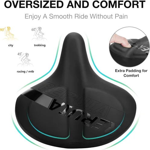 Miniatura 4 de Asiento de bicicleta grande y cómodo, sillín ancho con absorción de impactos, cojín de bicicleta de ejercicio de gran tamaño con espuma