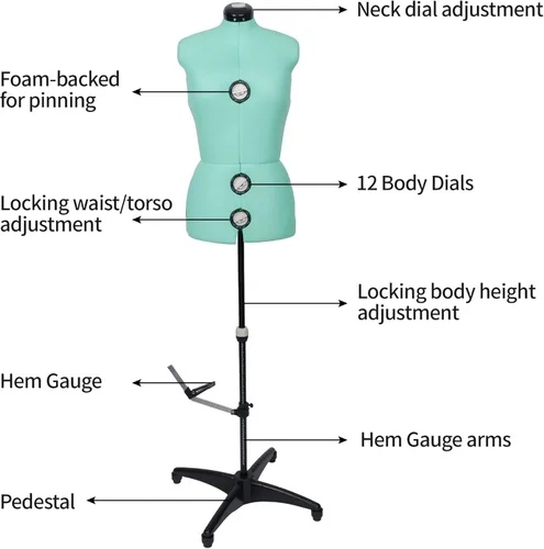 Miniatura 2 de BHD BEAUTY Maniquí de Costura Femenino de Tela Ajustable Verde Menta con 13 Diales, Torso Corporal de Maniquí con Soporte de Trípode, Hasta 70