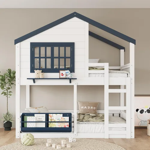Miniatura 38 de Litera de casa individual sobre cama individual con tobogán convertible y nido, litera de madera maciza con techo y ventana para niños, verde-blanco