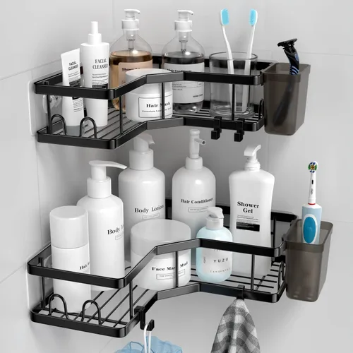 AKTECKE Organizador de esquina para ducha, paquete de 2 estantes organizadores de esquina de ducha adhesivos, estante de almacenamiento de ducha de