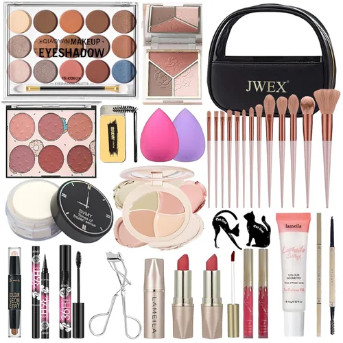 Kit completo de maquillaje de 34 piezas todo en uno para mujeres, incluye paleta de sombras de ojos, barra de contorno, jabón para cejas, juego de