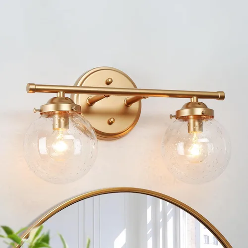 KSANA Modernas luces doradas para tocador de baño, 2 lámparas de tocador de vidrio sembrado, iluminación de baño para vestidor, cocina, dormitorio,