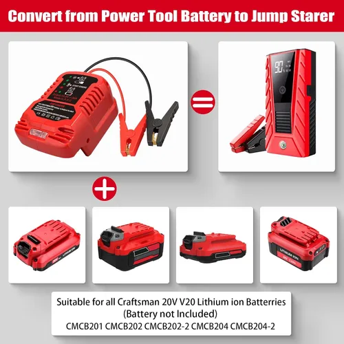 Miniatura 2 de Adaptador de arranque para Craftsman 20V V20 Li-ion alimentado por batería con abrazaderas de cable de puente, cargador de coche portátil