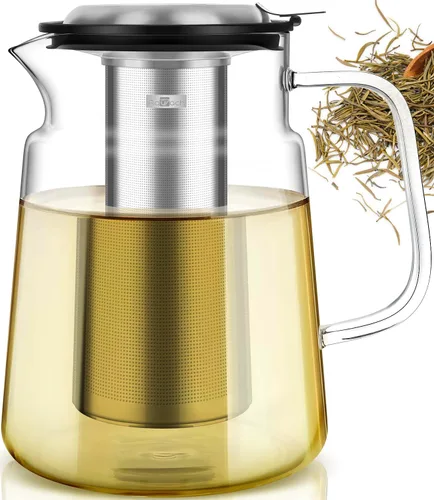 Miniatura 10 de Aquach Tetera de vidrio de 51 onzas con infusor extraíble de acero inoxidable, apta para estufa y lavavajillas, ideal para preparar té suelto