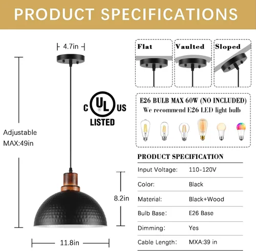 Miniatura 5 de Luces Colgantes Negras para Isla de Cocina, 11.8" Metal Martillado Negro Lámpara Colgante de Cúpula Iluminación Colgante Negra y de Madera Accesorio