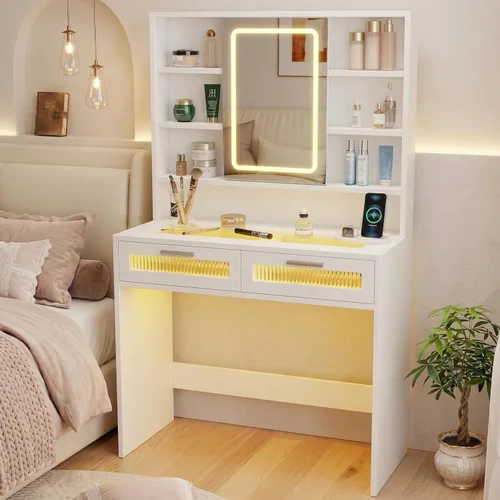 Miniatura 13 de Hadulcet Escritorio de tocador moderno negro con espejo LED de 3 modos, estación de carga y luces RGB, tocador pequeño con amplio almacenamiento