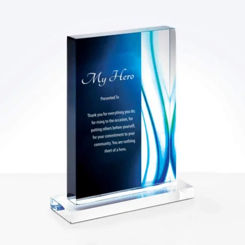 Miniatura 5 de Trofeo grabado – Acrílico azul – Forma rectangular – Acentos de rayas de colores – Grabado personalizado – Premio para empleados Rectángulo