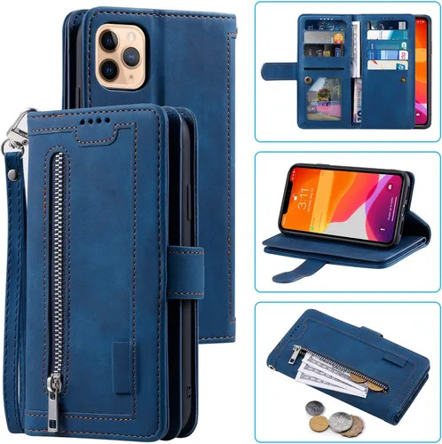 Miniatura 21 de UEEBAI Funda tipo cartera para iPhone 12 Mini de 5.4 pulgadas, retro 9 ranuras para tarjetero, bolsillo con cremallera, cierre magnético, función