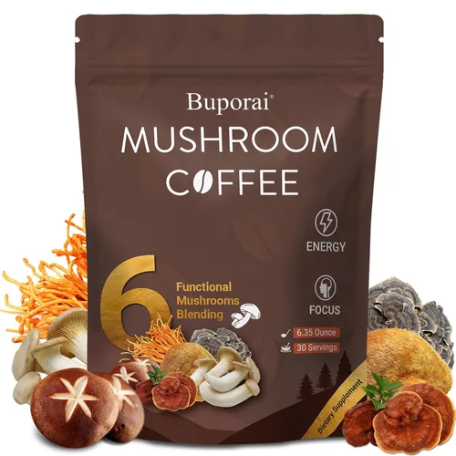 Café de hongos, café instantáneo de hongos con 6 hongos melena de león, cordyceps, cola de pavo y otros para energía, concentración, digestión,