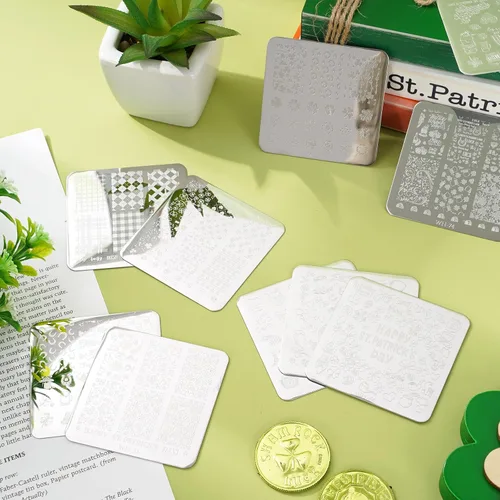 Miniatura 7 de Whaline Juego de 10 placas de estampado de arte de uñas del día de San Patricio, plantillas de sello de imagen de gnomo de trébol, trébol