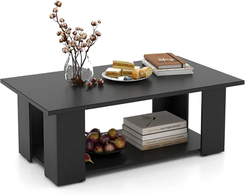 Miniatura 9 de Giantex Mesa central rectangular de madera, mesa de té moderna grande de 41 pulgadas y 2 niveles con compartimento abierto, fácil montaje, mesa