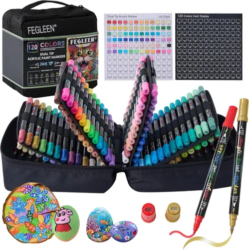 Marcadores de pintura acrílica de 120 colores, juego de marcadores acrílicos de doble punta con punta fina y punta de pincel que contiene metálico,