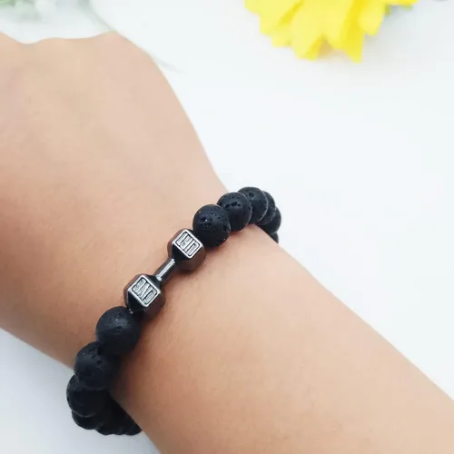 Miniatura 15 de Pulsera de mancuernas negra hecha a mano, para gimnasio, hermanos, fitness, piedra volcánica, piedra de lava volcánica, ajustable, pulsera