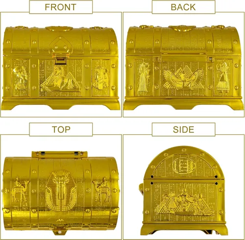 Miniatura 7 de Cofre del tesoro egipcio para niños, caja de tesoro pirata decorativa dorada con cerradura y llave para premios infantiles, fiesta temática