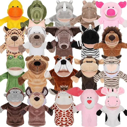 Hiboom 20 marionetas de mano de animales para niños, marionetas de mano con boca de trabajo, juguete de peluche de animales de peluche de león,
