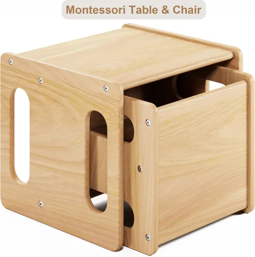 Miniatura 3 de Montessori - Juego de mesa y silla de destete, madera dura, escritorio para lectura de niños pequeños, hora de aperitivos, sala de juegos, cubo