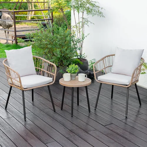 Miniatura 2 de NUU GARDEN Juego de 3 piezas para patio bistró, mesa de mimbre para exteriores y 2 sillas, muebles compactos beige para porche, patio trasero, junto