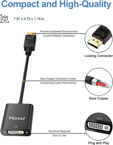Miniatura 3 de Adaptador DisplayPort (DP) a DVI de Moread, adaptador de puerto de pantalla chapado en oro a DVI-D (macho a hembra) compatible con computadora