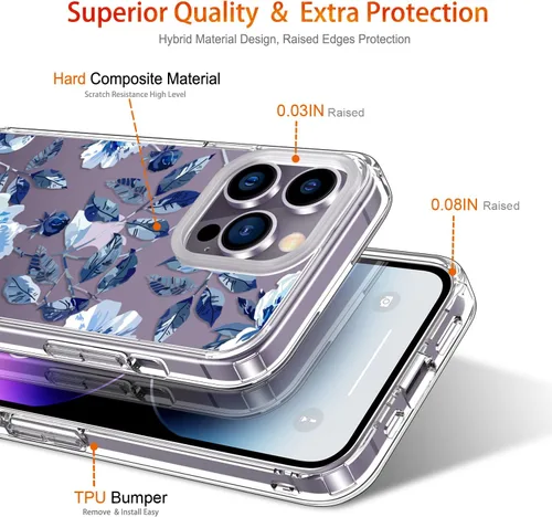 Miniatura 4 de Funda para iPhone 14 Pro con protector de pantalla, 6.1 pulgadas, transparente de cuerpo completo, a prueba de golpes, diseño floral, para niñas