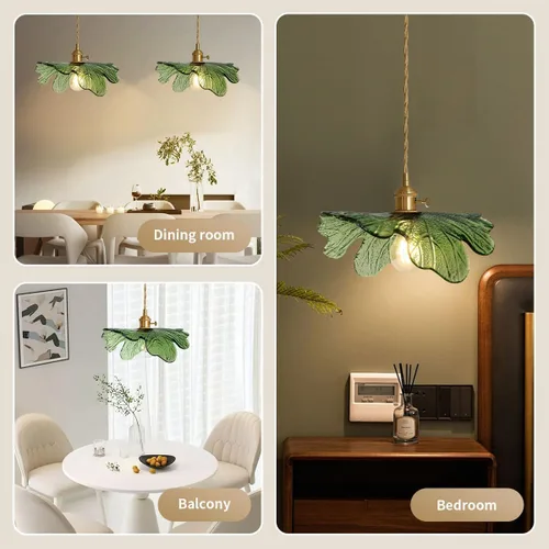 Miniatura 3 de Lámpara colgante colgante de 1 luz, lámparas colgantes de latón dorado, pantalla de vidrio de flores verdes, iluminación colgante moderna