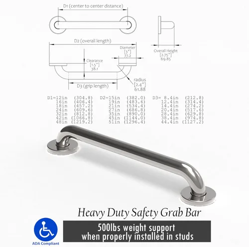 Miniatura 6 de Barra de seguridad de baño de acero inoxidable de 1-1/4 x 24 pulgadas, compatible con la ADA, capacidad de carga de 500 libras, níquel cepillado