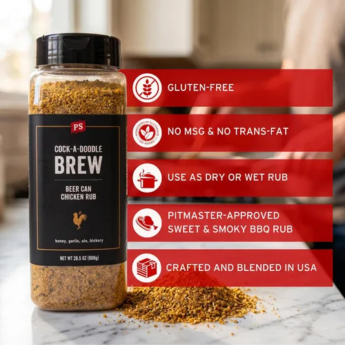 Miniatura 3 de PS Seasoning Cock-A-Doodle Brew - Condimento y Rub para Pollo en Lata de Cerveza para Ahumado y Asado - Mezcla seca de Ajo, Paprika, Ale de Miel
