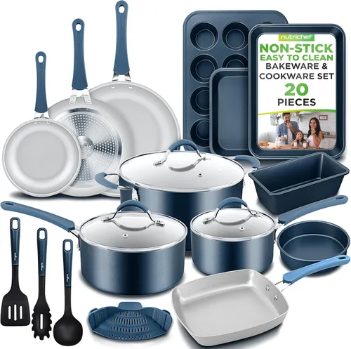 NutriChef Juego de cocina profesional de 20 piezas en azul marino, ollas y sartenes antiadherentes duraderas con utensilios para hornear, compatible