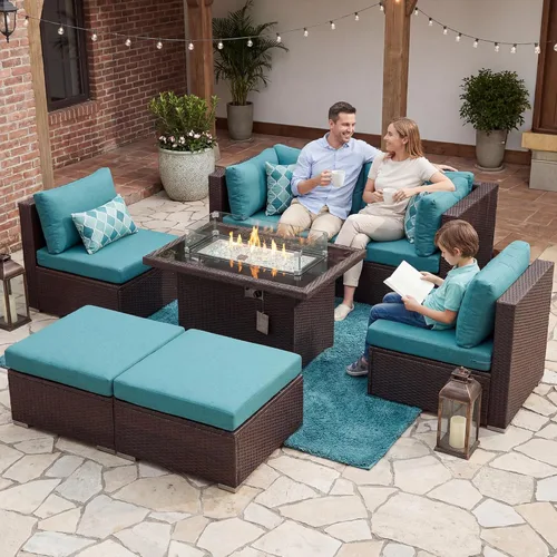 Miniatura 24 de NICESOUL Juego de muebles de patio para exteriores de 7 piezas con mesa para hoguera, gas natural y propano convertible, respaldo alto de 29.3