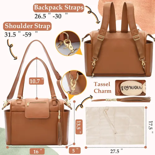 Miniatura 3 de Omanmoli Bolsa de Pañales Tote de Cuero Mochila Bolsa de Pañales Grande Bolsa para Bebé 14 Bolsas Organizadoras de Pañales, Almohadilla Cambiadora