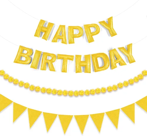 Miniatura 15 de CANREVEL Pancarta de Feliz Cumpleaños 3D Pre-enhebrada, 3 PIEZAS Guirnalda de Fieltro Negro Feliz Cumpleaños, Guirnalda de Pompones, Banderines
