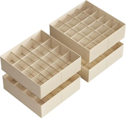 SONGMICS Paquete de 4 organizadores de cajones, 80 celdas (2x16+2x24), divisores plegables, 11.8 x 11.8 x 3.9 pulgadas, para calcetines, ropa Beige