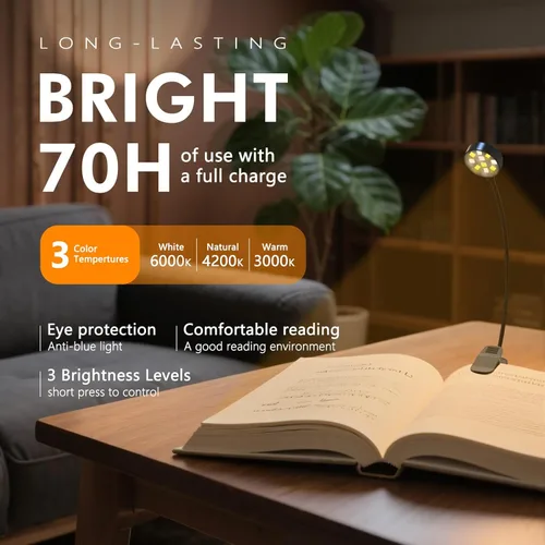 Miniatura 6 de KTEBO Paquete de 2 luces de lectura recargables de 10 LED para leer en la cama - Cuidado de los ojos con 3 temperaturas de color, 3 niveles de Negro