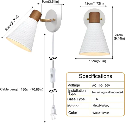 Miniatura 8 de Juego de 2 apliques de pared blancos enchufables, lámpara de pared moderna con cable de enchufe, aplique de madera con pantalla de metal martillado