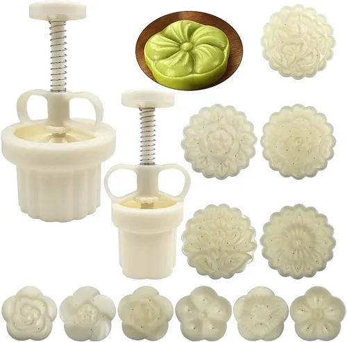 FineGood - Juego de 2 moldes de prensa para pastel de luna con 11 Stapms, cortador de galletas FineGood DIY, 1.76 oz, 3.53 oz, prensa de flores,