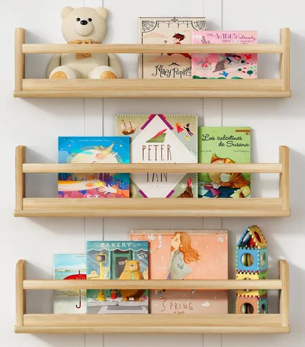Harwaya Estantería de pared de madera natural para dormitorio de niños, juego de 3, estantes flotantes de madera de 24 pulgadas para habitación de