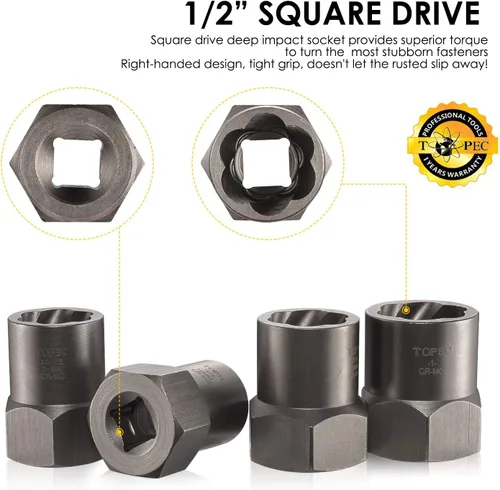 Miniatura 3 de Topec Juego de extractor de pernos de alta resistencia de 5 piezas, juego de extractor de impacto de 1/2 pulgada, kit de herramientas perfecto