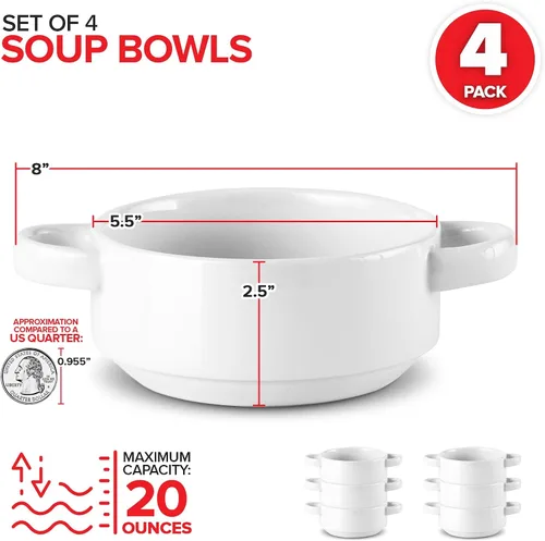 Miniatura 2 de Modern Innovations Cuencos de sopa de cebolla francesa de 20 onzas con asas en color blanco (juego de 4) aptos para horno y microondas, gres